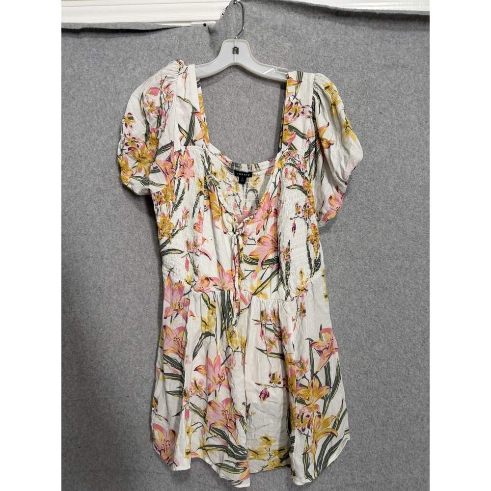 Torrid Blouse Womens 2 Multicolor Floral Square Neck Puff Sleeve Tunic‎ Top